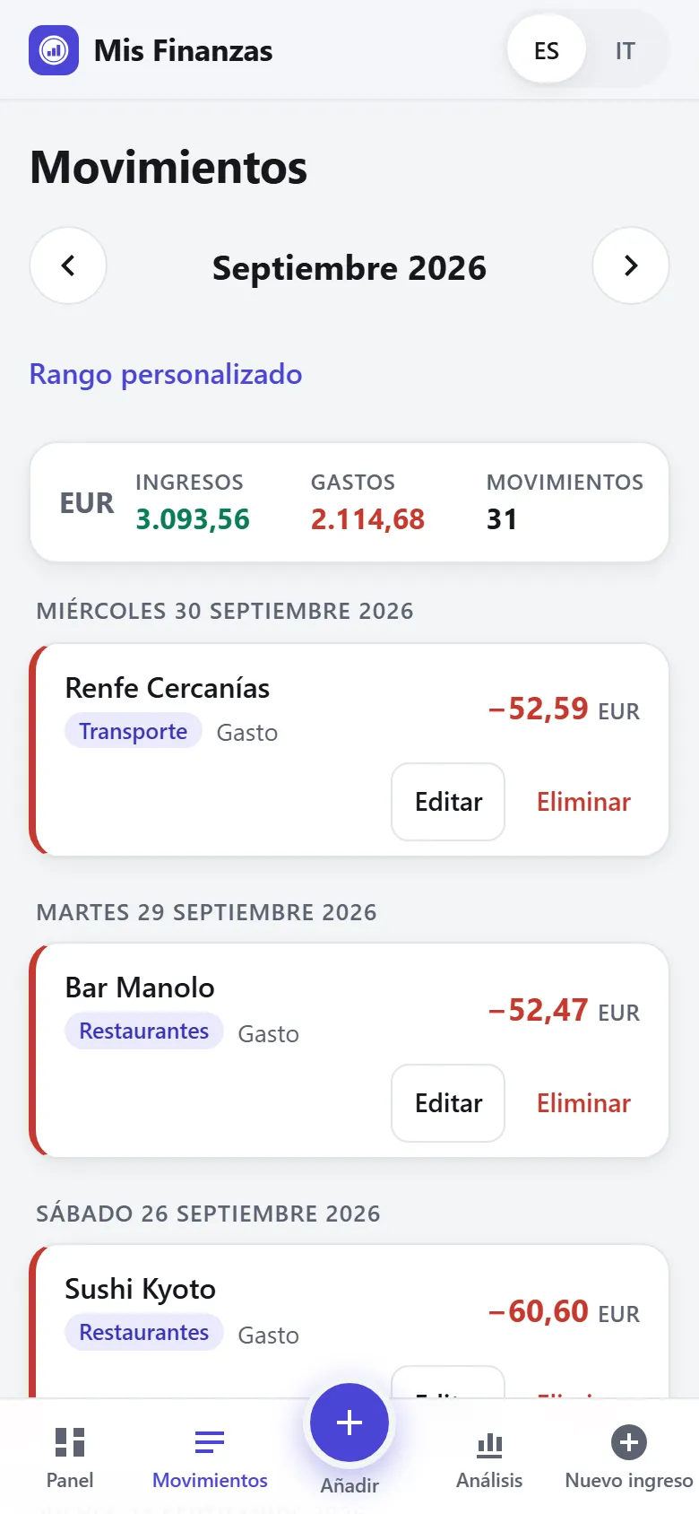 Lista de movimientos de un mes con los totales de ingresos y gastos