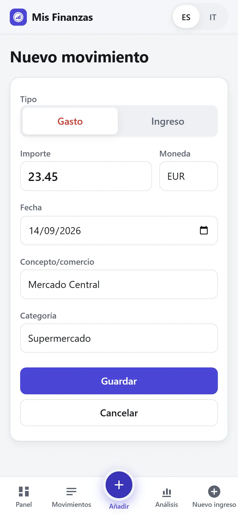 Formulario de un gasto con importe, fecha, comercio y categoría ya rellenados